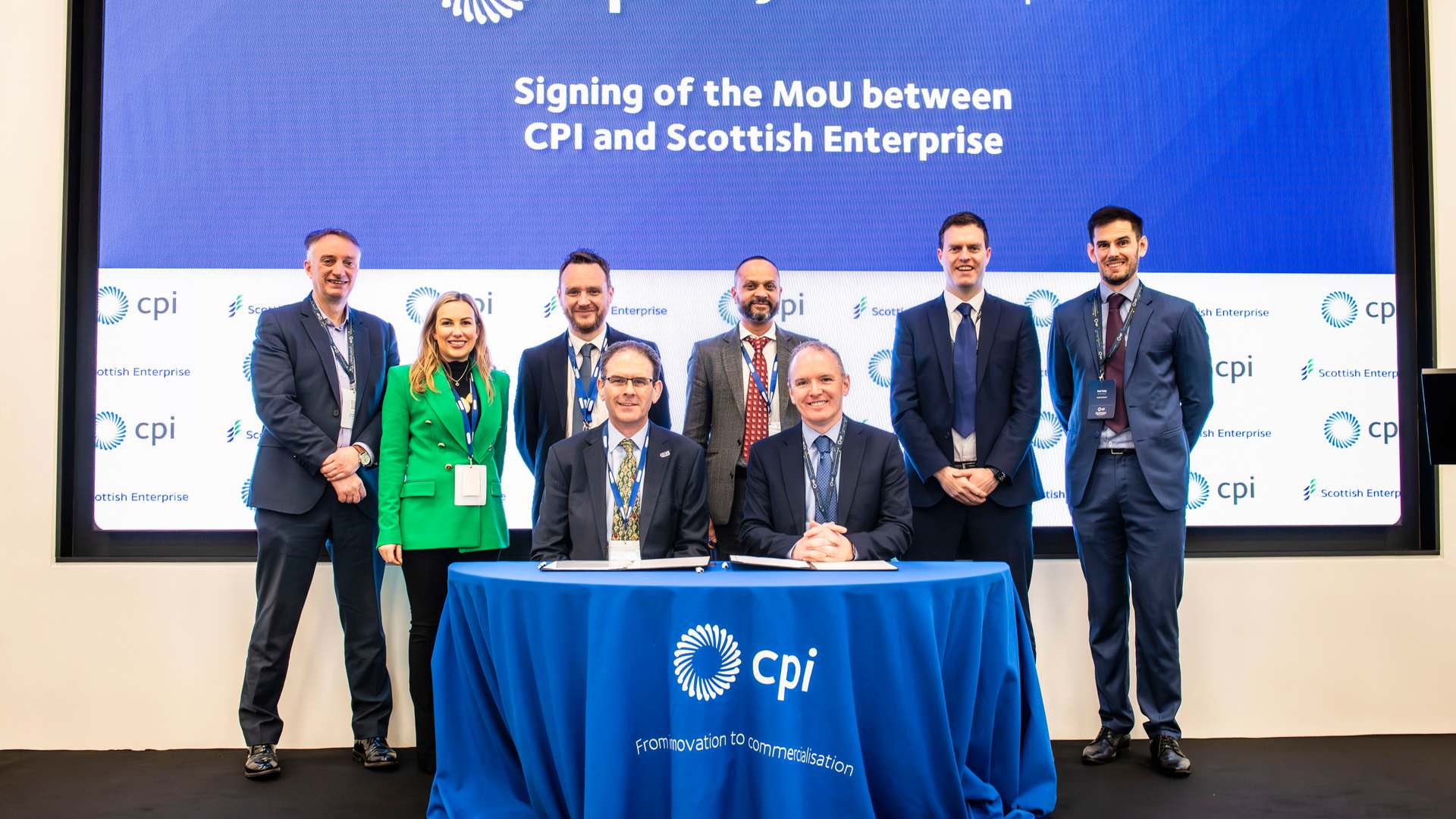 L-R: Andrew Henderson (Life Sciences Team Leader at Scottish Enterprise); Becky Fields (Corporate Communications Manager at CPI); Paul Blakeman (Principal Strategic Partnerships Manager at CPI); Frank Millar (CEO of CPI); Arun Harish (Chief Strategy Officer at CPI); Adrian Gillespie (CEO at Scottish Enterprise); Bryan Fraser (Global Head of Business Development at Scottish Development International); Paul Foley (Senior Project Manager at Scottish Enterprise). L-R: Andrew Henderson (Life Sciences Team Leader at Scottish Enterprise); Becky Fields (Corporate Communications Manager at CPI); Paul Blakeman (Principal Strategic Partnerships Manager at CPI); Frank Millar (CEO of CPI); Arun Harish (Chief Strategy Officer at CPI); Adrian Gillespie (CEO at Scottish Enterprise); Bryan Fraser (Global Head of Business Development at Scottish Development International); Paul Foley (Senior Project Manager at Scottish Enterprise).
