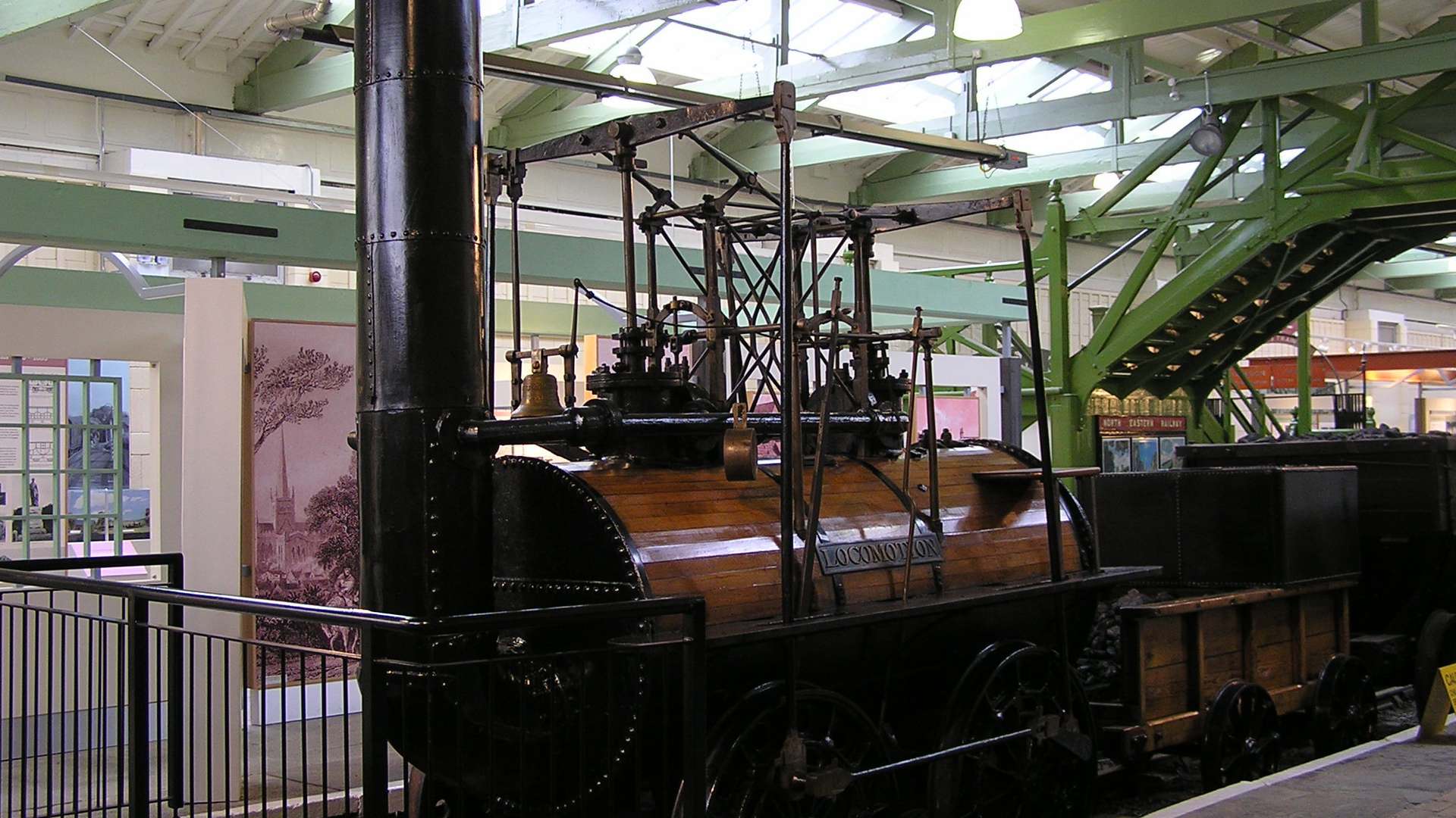 Locomotion No. 1 built 1825 by George Stephenson for Stockton and Darlington Railway; hauled first train on the line 27 September 1825. On display for many years at Darlington Bank Top station. Locomotion No. 1 built 1825 by George Stephenson for Stockton and Darlington Railway; hauled first train on the line 27 September 1825. On display for many years at Darlington Bank Top station.