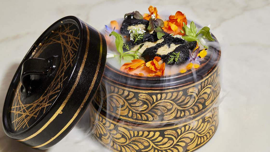 Image showing an ornate dish containing chicken made from animal cells in a lab that was served at a Michelin-starred restaurant in San Francisco Image showing an ornate dish containing chicken made from animal cells in a lab that was served at a Michelin-starred restaurant in San Francisco