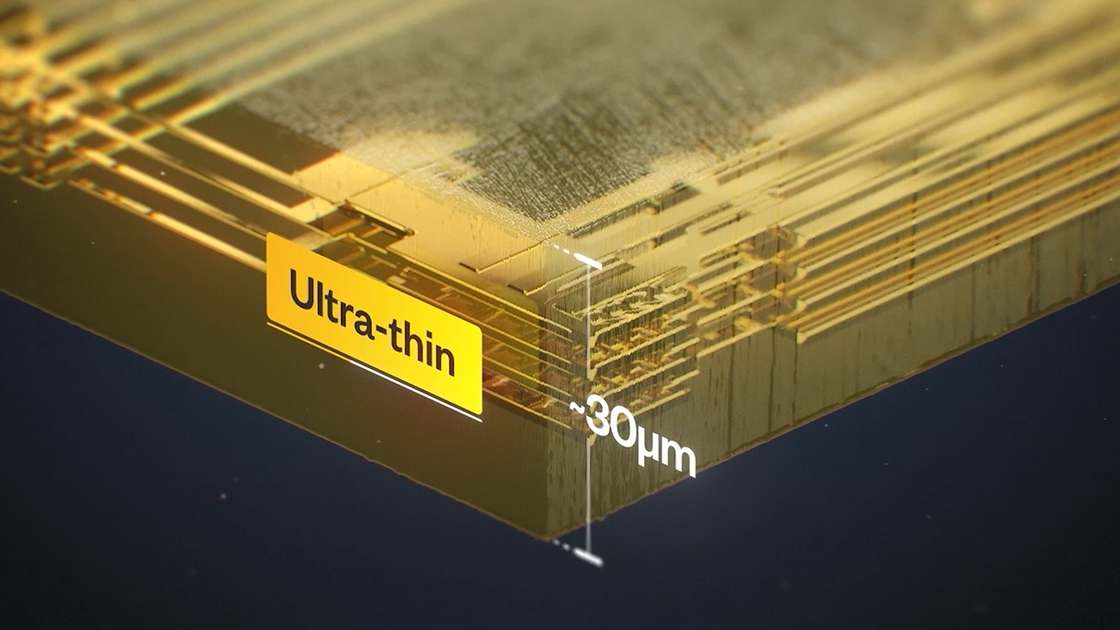 A model of Pragmatic Semiconductor's ultra-thin flexible integrated circuits, FlexICs. A model of Pragmatic Semiconductor's ultra-thin flexible integrated circuits, FlexICs.