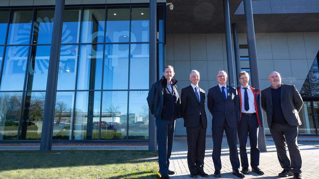 Pictured marking completion of work on CPI's National Healthcare Photonics Centre are Bob Preston, CPI Project Manager; Dr John Cocker, Business Unit Director - Printable Electronics at CPI; Dr Tom Harvey, Healthcare Photonics Lead at CPI; Ray Browning, Programme Manager at the North East LEP; and Joe Baron, Contracts Manager at Surgo Construction Pictured marking completion of work on CPI's National Healthcare Photonics Centre are Bob Preston, CPI Project Manager; Dr John Cocker, Business Unit Director - Printable Electronics at CPI; Dr Tom Harvey, Healthcare Photonics Lead at CPI; Ray Browning, Programme Manager at the North East LEP; and Joe Baron, Contracts Manager at Surgo Construction