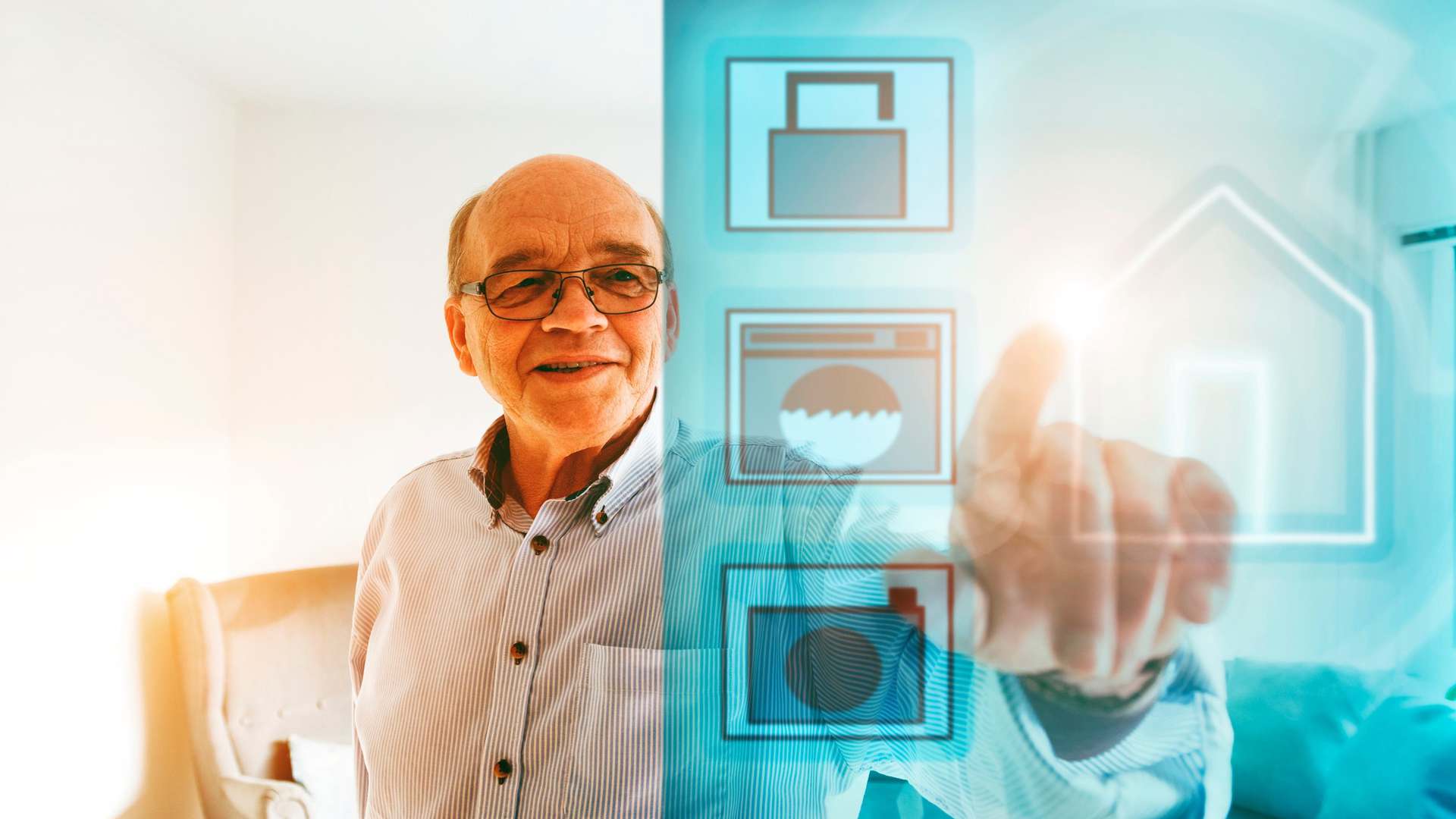 Grandad at home with IoT medical device Grandad at home with IoT medical device