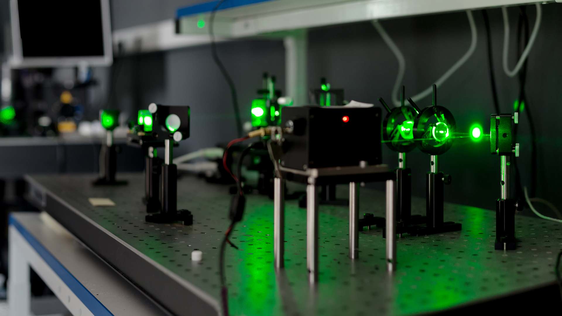 A photo of a photon laser being used in a laboratory A photo of a photon laser being used in a laboratory
